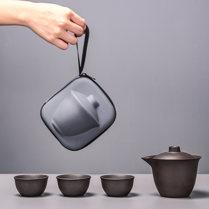 Travel Teacup Set - Purple Clay Fast Travel Mug - Portable Camping Outdoor Tea Cup - One Pot Three Cups Cover Small