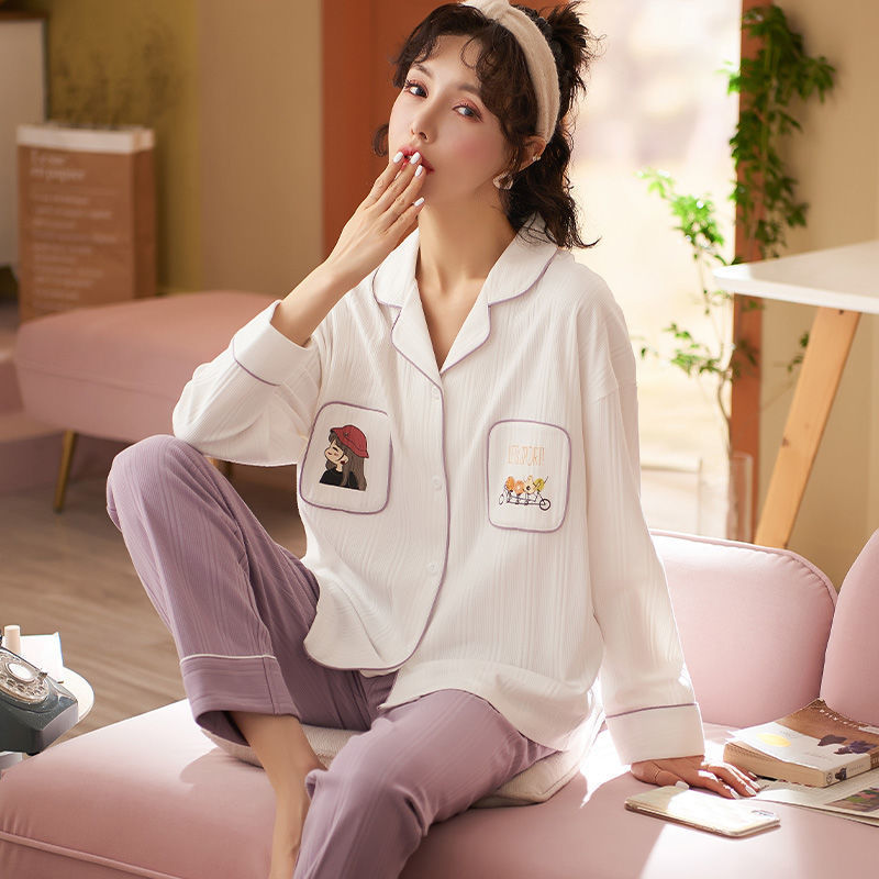 100% pijamas de algodón Primavera y otoño de las mujeres de manga larga coreana dulce princesa estilo cardigan desgaste del hogar traje de dos piezas