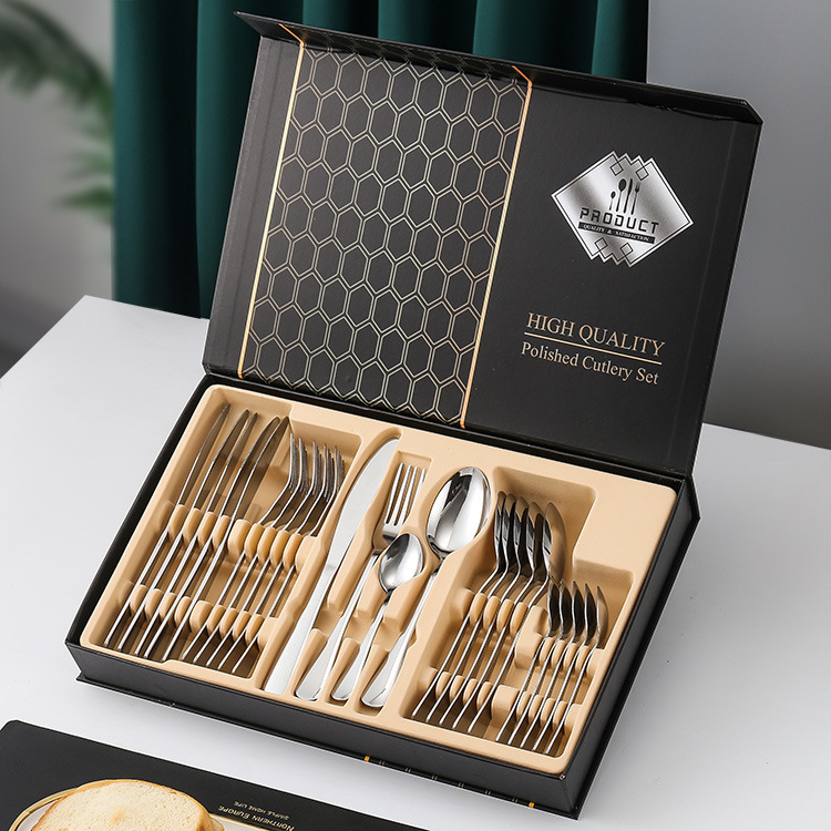 Amazon transfronteriza de 24 piezas de acero inoxidable occidental vajilla traje 1010 cuchillo, tenedor y cuchara de oro natural de almacenamiento en rack caja de regalo