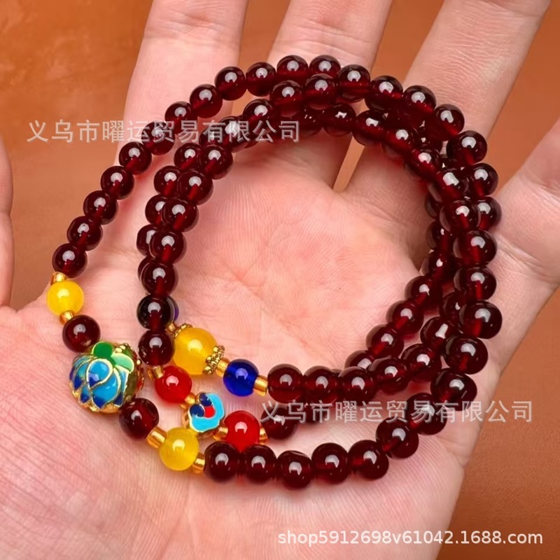 直播爆款新中式石榴石多圈手链仿石榴石酒红三层叠戴莲花手串批发|undefined