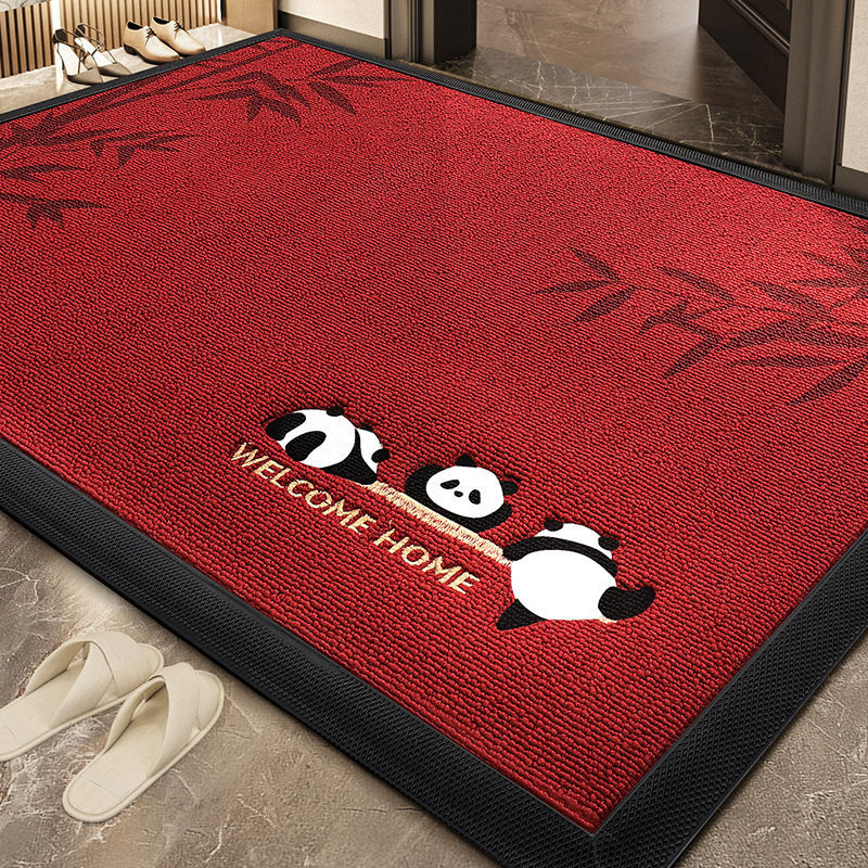 V3N卡通熊猫玄关耐脏入户门地垫橡胶垫家用刺绣除尘防滑地毯脚垫