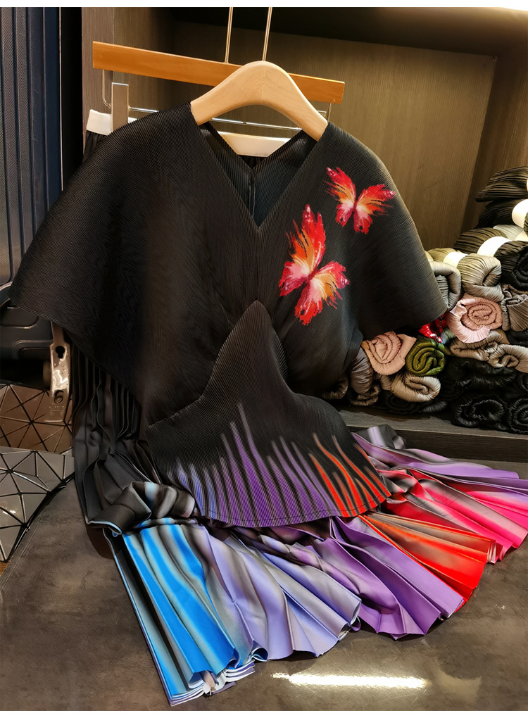 Elegant Butterfly Print Two Piece Set For Women V-Neck Short Sleeve Top & Pleated Midi Skirt Casual Mid-Calf Length Polyester_ecoleips.com