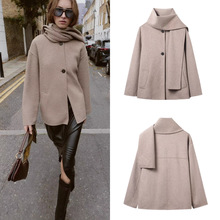 外贸跨境爆款欧美风女装百搭冬季新款羊毛混纺围巾短款大衣外套