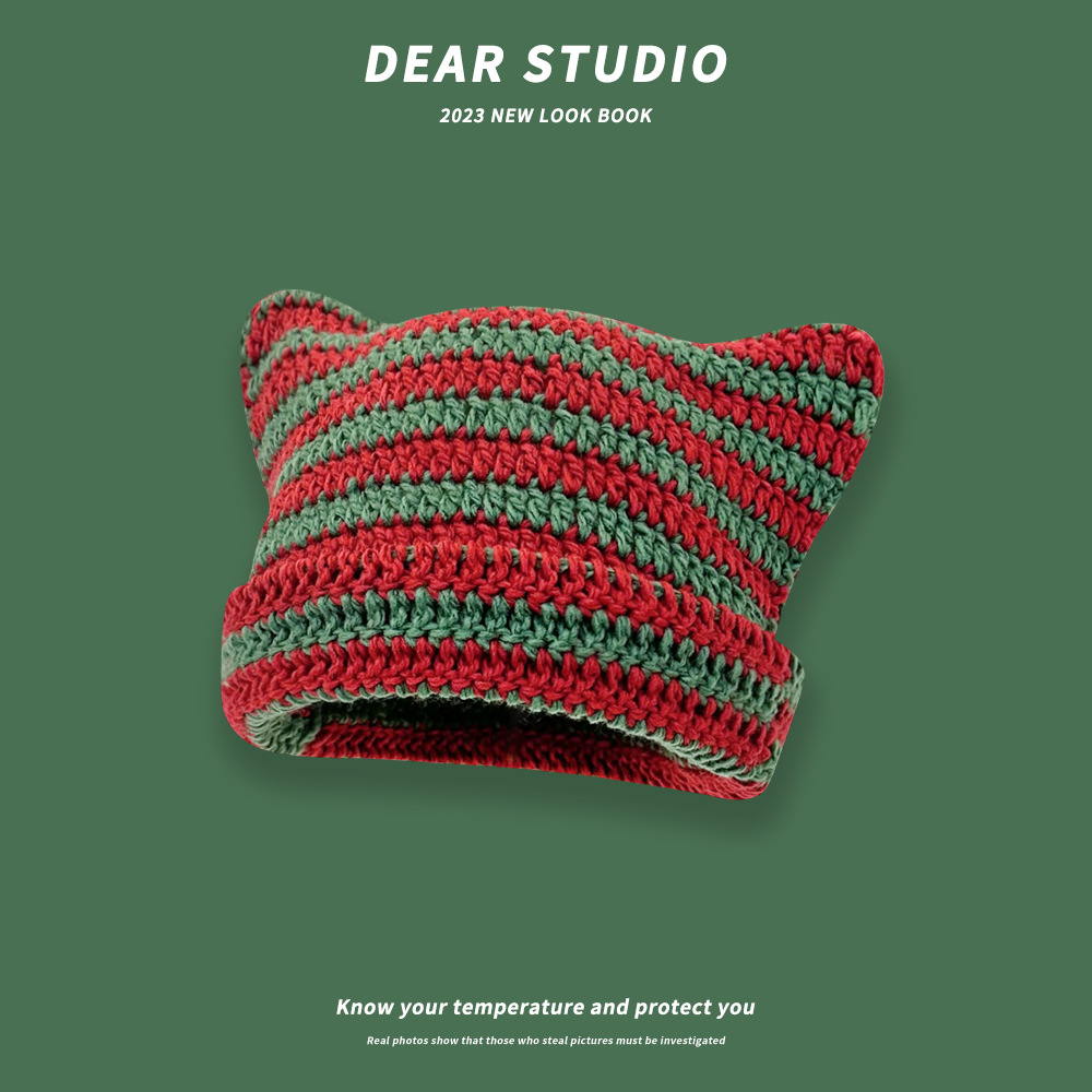 Japonés lindo gato orejas de punto de lana sombrero femenino Otoño e Invierno pequeño diablo a rayas cálido todo-Partido suéter sombrero moda