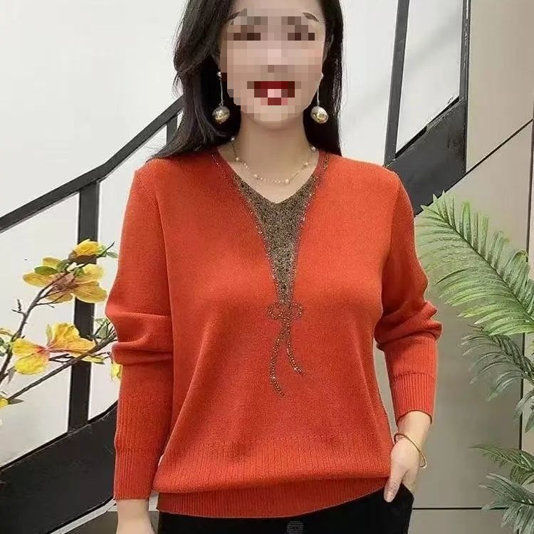 Spring and Autumn Knitted Sweaters for Mothers, Loose Plus-Size Fashion Tops for Middle-Aged and Elderly Women, Slimming and Flattering Base Shirts, Wholesale