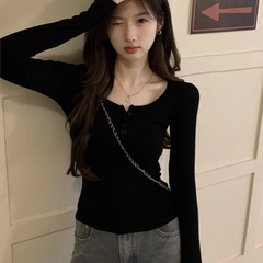 纽扣黑色长袖T恤女2025秋季韩系新款时尚洋气内搭打底衫显瘦上衣