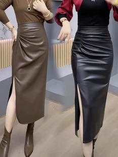 Plus-Size Side-Slit Leather Skirt for Women, 2025 Summer High-Waisted Pleated Irregular Mid-Length Pencil Skirt