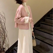 新中式穿搭清冷V领上衣粉色提花国风外套2024春款女装新款套装裙