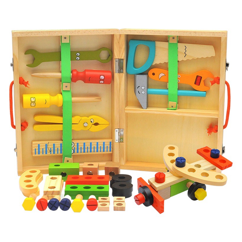 Coche de juguete ensamblado de madera para niños DIY tornillo giro Caja de Herramientas portátil con manos en combinación de tuerca de variedad de coche ensamblado