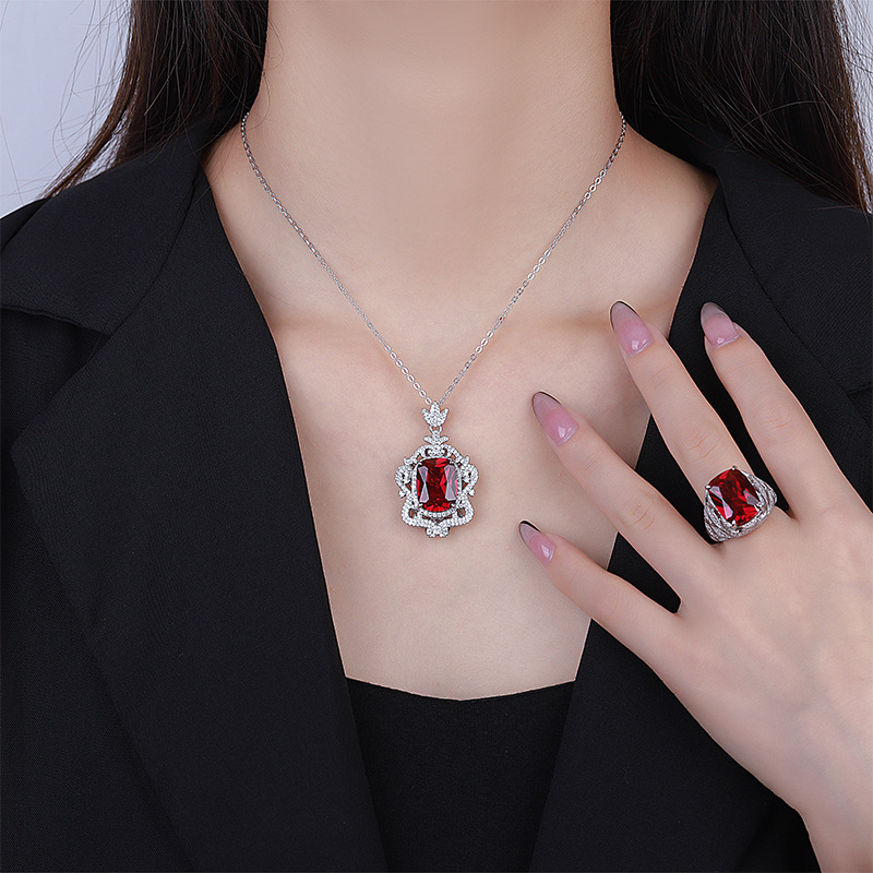 Zhuang Sheng joyería nueva S925 todo el cuerpo de plata traje de simulación de color tesoro corindón avanzado retro traje femenino 12*16