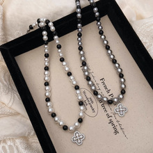 超闪锆石四叶草吊坠项链高级感国潮黑白优亮珍珠颈链小众情侣饰品