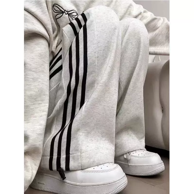 大码侧条纹束脚运动裤女春夏新款宽松显瘦垂感抽绳两穿卫裤阔腿裤