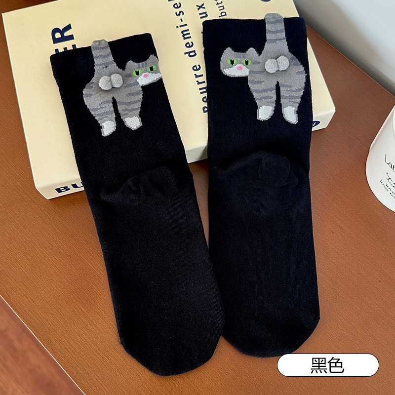 诸暨袜子女士爆款抽象猫蛋吸汗透气堆堆袜可爱趣味搞怪无骨中筒袜|undefined