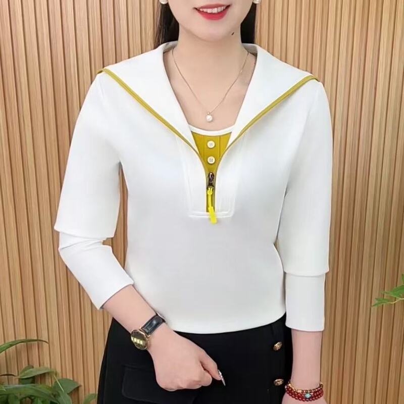 时尚假两件半拉链拼色小衫女t恤2025春季新款妈妈装百搭弹力上衣|undefined