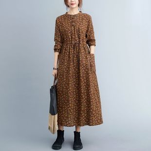 Real Shot of 2022 Autum Large Size Loose Retro Literary Disc Button Floral Drawstring Waist Large Hem Bottoming Dress