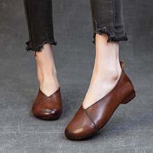 手工复古女单鞋春季新款2024文艺风平跟软底软面奶奶鞋内外全皮