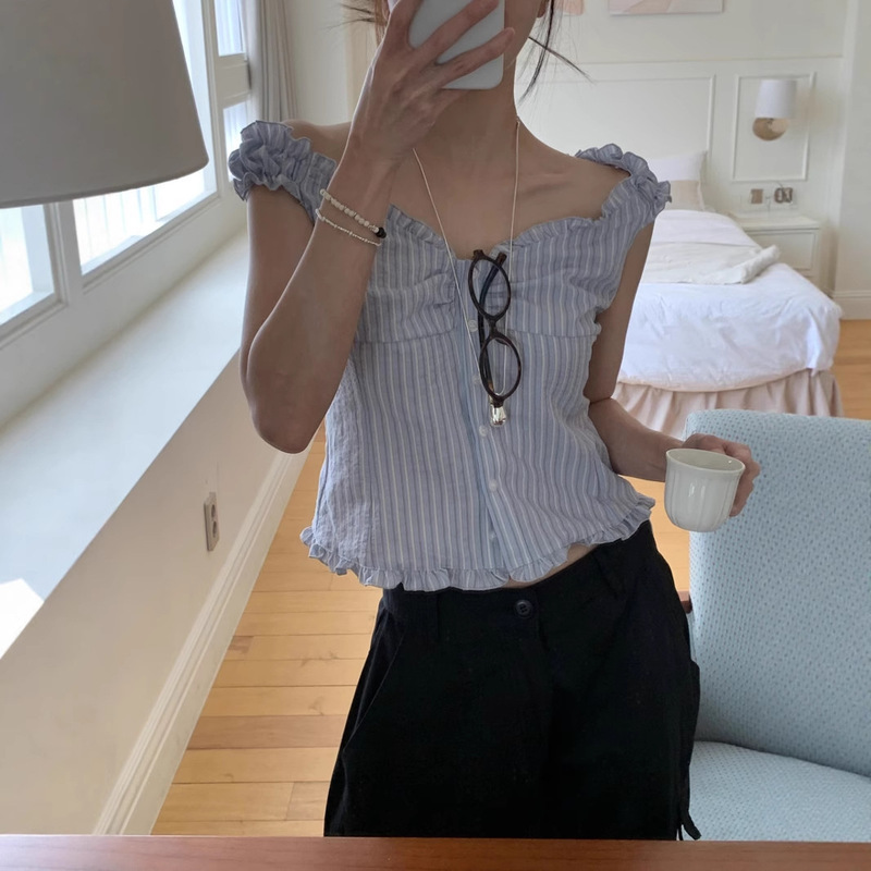 Korean Youthful Playful Striped Vest Shirt for Women, New Summer Design with Ruffled Edges, Slim-Fit Top