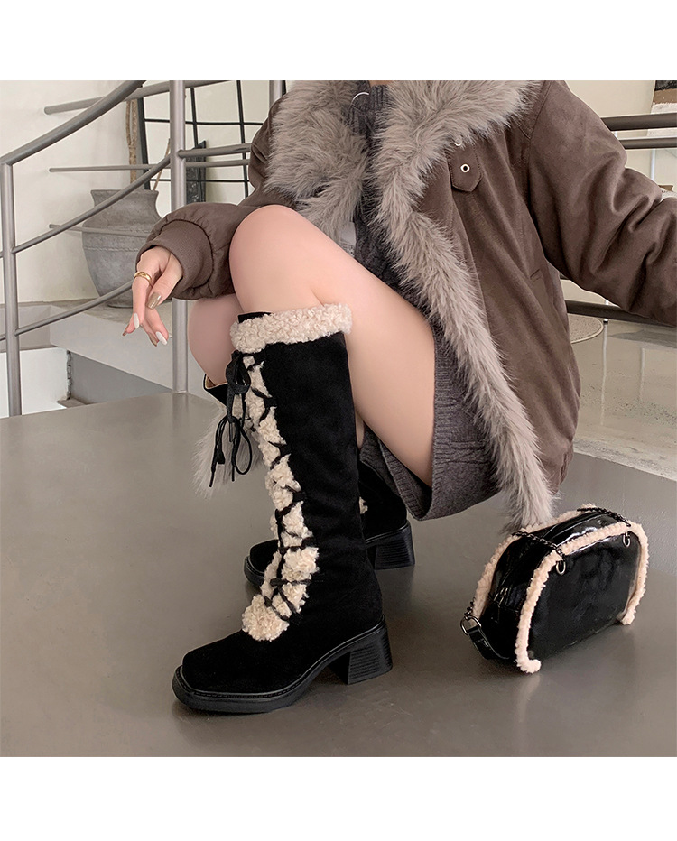 Boot nữ cổ cao ôm bắp chân lông cừu nhân tạo, mũi vuông, gót thô, khóa kéo bên, phong cách cổ điển — màu nâu chi tiết 18