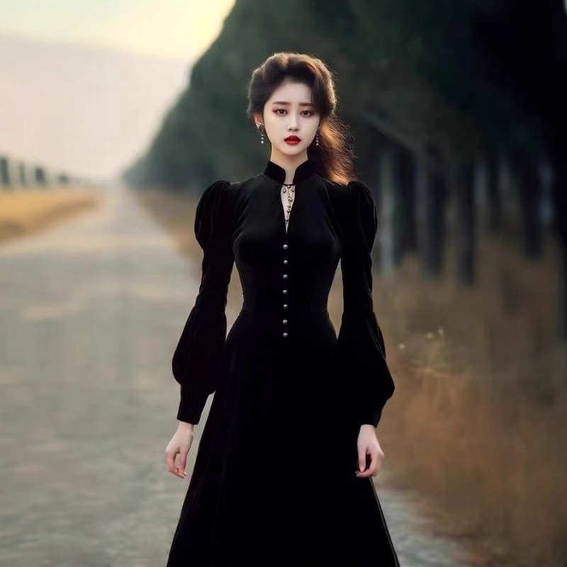 Autumn and Winter French Hepburn Style Long Skirt, High-End, Unique and Super Nice Black Velvet Dress for Formal Occasions