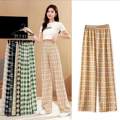 Women's Spring and Summer Thin Grid Pants  New Korean Style Loose and Slim Straight Leg Pants Fashion and Versatile Casual Straight Pants