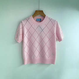 南油高定P家新款26早春女装 时尚菱格镂空短袖圆领羊毛针织衫上衣
