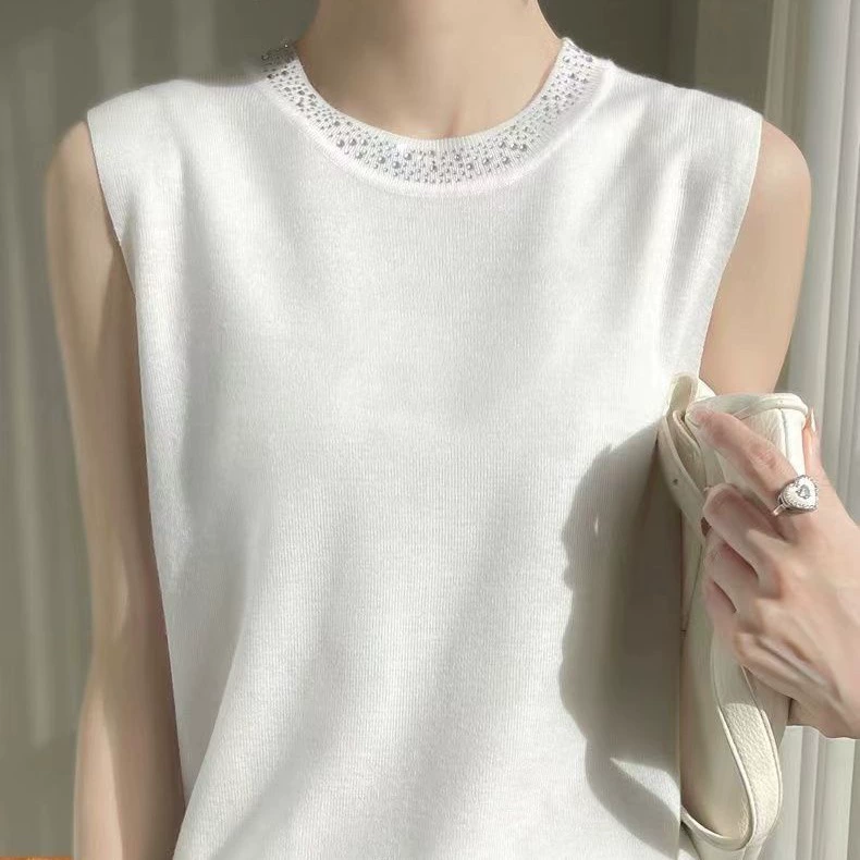 Женская весенняя новая свободная тонкая рубашка без рукавов с круглым вырезом и бриллиантами из камвольной шерсти, трикотажная майка