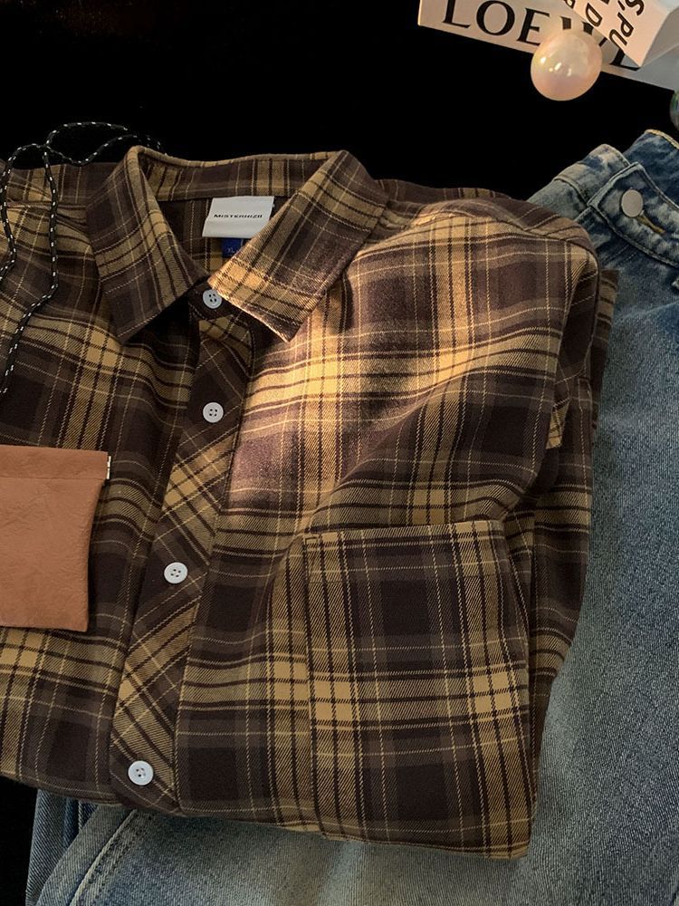 Otoño Hong Kong estilo camisa a cuadros hombres Pu guapo de alta calidad camisa de manga larga de moda marca de moda estilo japonés Capa delgada interior