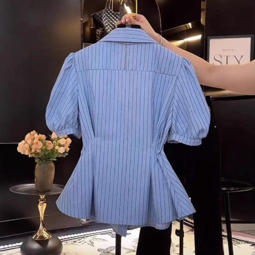 Design Stripe Short Sleeve Shirt Summer Plus Size Fat MM Waist Cinch Slimming V-Neck Shirt Puff Sleeve Half Sleeve Top 