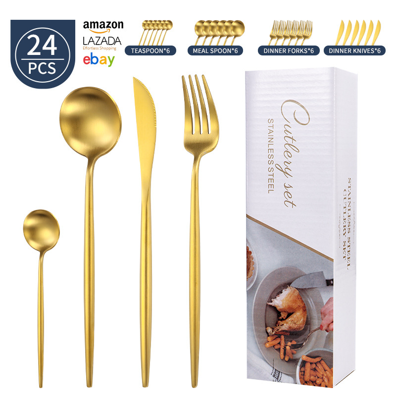 Transfronterizo Amazon mango redondo portugués cuchillo y tenedor cuchara set de platos de acero inoxidable mate cuchillo y tenedor de filete set 24 piezas