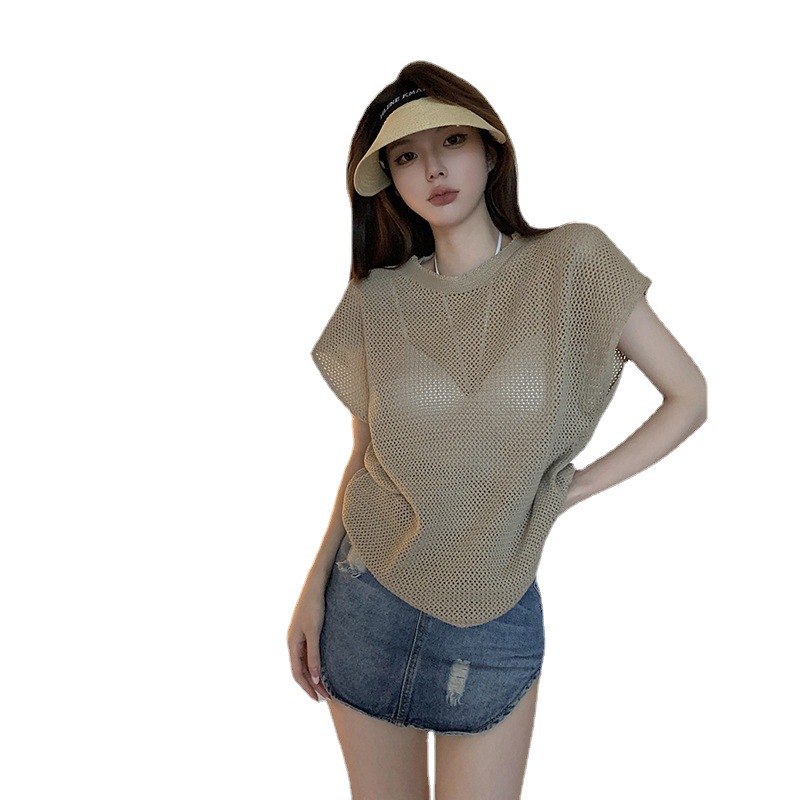 Camiseta de manga corta de estilo coreano para mujer verano delgada chica caliente diseño de blusa de protección solar hueca suelta adelgazante Top corto