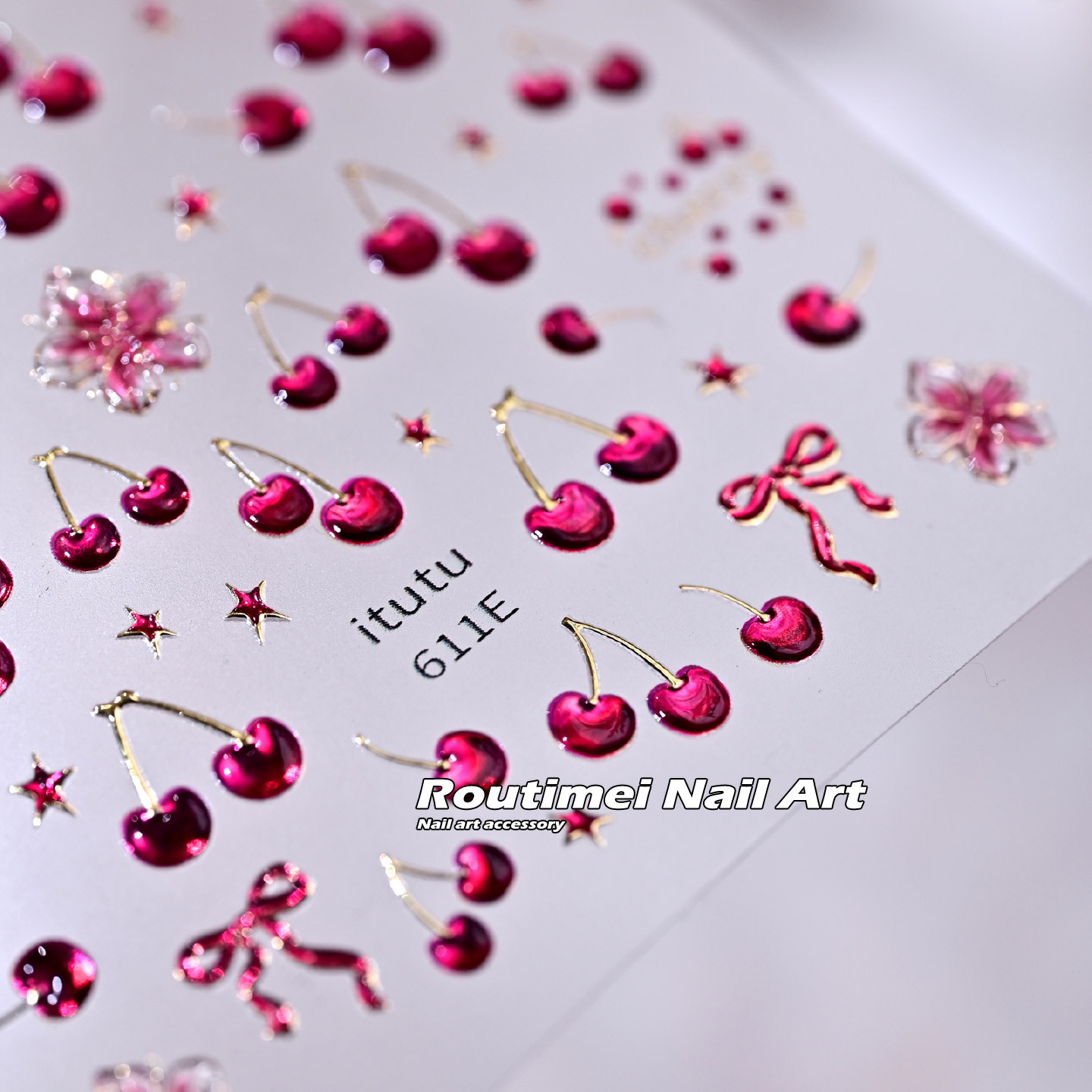 Summer Cherry Dream Fresh Little Flower New Laser Pink 3D Nail Art Stickers Fingertip Fruit DIY Decoration Stickers