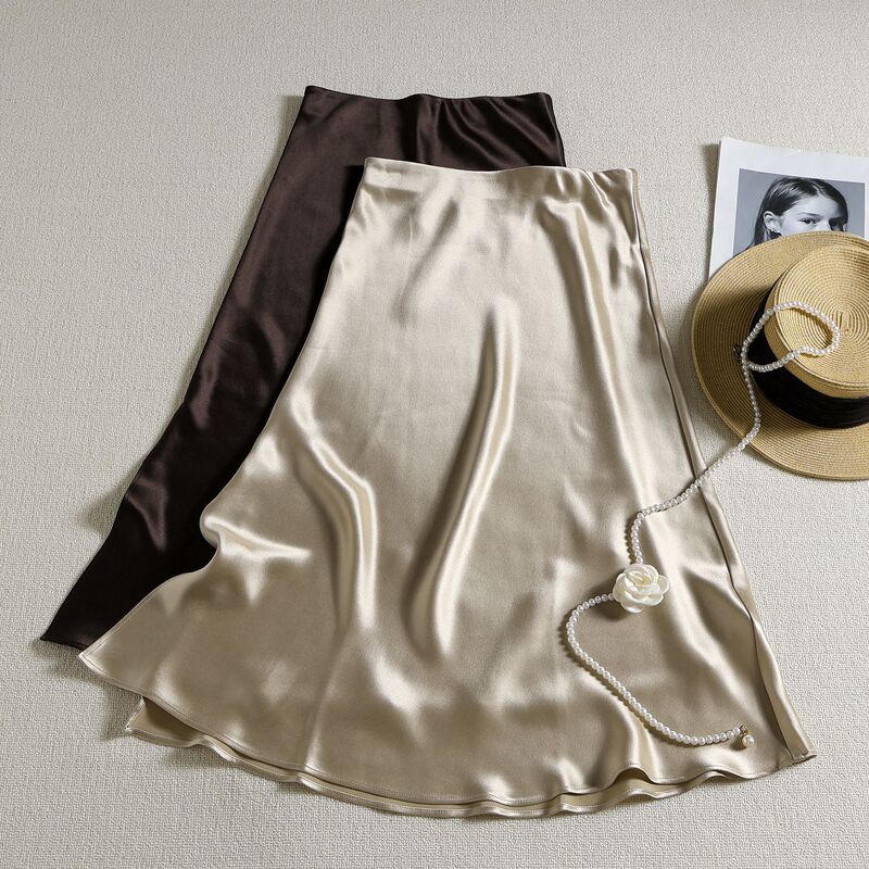 Acetate Satin Skirt, High Waist, Hip-Covering, Side Slit, Mid-Length Fishtail Skirt, Fashionable Slimming Look A-Line Skirt