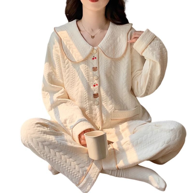 Pijamas de algodón de mujeres otoño invierno aire intercalado de algodón 2024 nuevo conjunto de ropa de hogar gruesa de manga larga