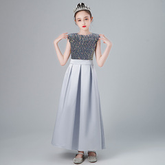 Girl's Piano Competition Performance Dress Children's Princess Dress Host Model Fashion Show Baby Gray Sparkling Evening Gown