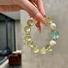 纯天然柠檬黄水晶黄阿塞绿萤石珍珠手链女款招财手串女友闺蜜礼物