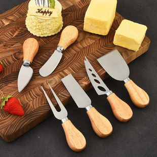 Cross-Border Manufacturer Stainless Steel Cheese Knife and Fork Set Household Acacia Wood Butter Cheese Knife Kitchen Baking Pizza Cutter