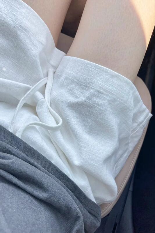 White Cotton and Linen Women's Sports Shorts 2025 Summer New Elastic Waist Drawstring Hot Pants Petite Wide-Leg Knee-Length Shorts