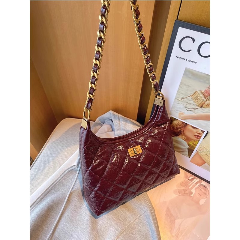 Túi tote nữ da thật kiểu tweed đeo chéo dây xích chần bông — Màu đen, Đỏ Ancora, Cà phê Mocha, Màu nâu