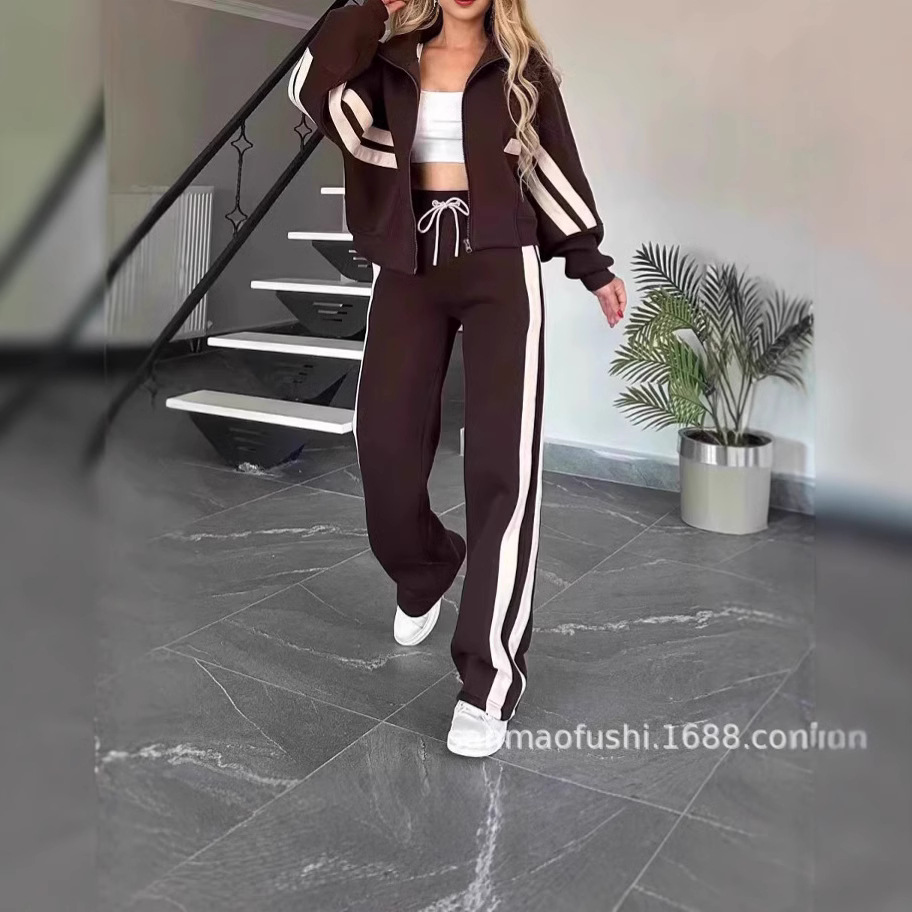 2024 Europe and America Cross-border Amazon Autumn Foreign Trade Y2K Striped Zipper Jacket Casual Sports suit Women