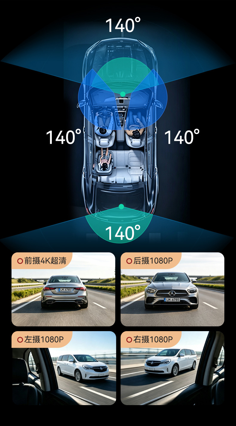 New product: WiFi four-camera dashcam 4K high-definition front and interior 4-lens car recorder with mobile phone connectivity