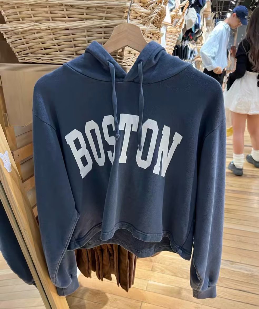 BM风美式秋冬新款Boston字母印花连帽卫衣bm辣妹高腰短上衣外套女