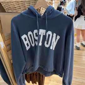 BM风美式秋冬新款Boston字母印花连帽卫衣bm辣妹高腰短上衣外套女