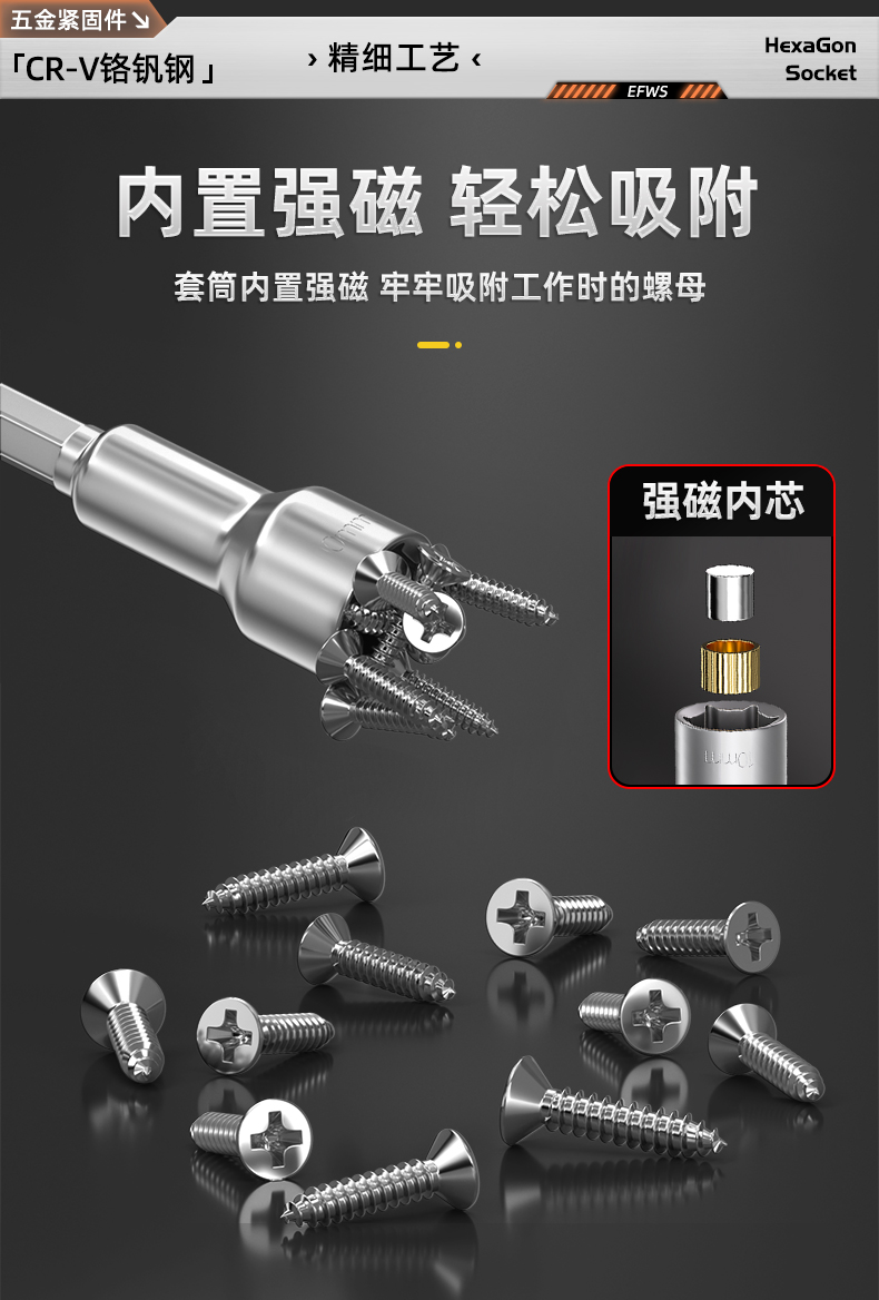 External hexagonal magnetic socket screwdriver wrench accessory for pneumatic and electric screwdrivers, self-tapping and self-drilling air bit socket