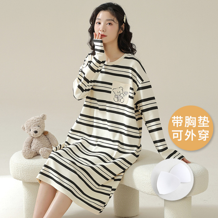 2024 pijama de primavera y otoño de mujeres cuello redondo pijama de manga larga estilo coreano delgado con cojín de pecho dibujos animados larga ropa de hogar encantadora