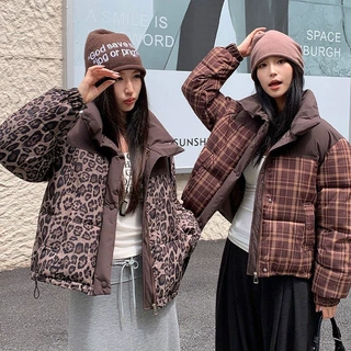 冬季新款复古撞色扎染羽绒棉服女小个子立领拉链口袋休闲百搭棉衣