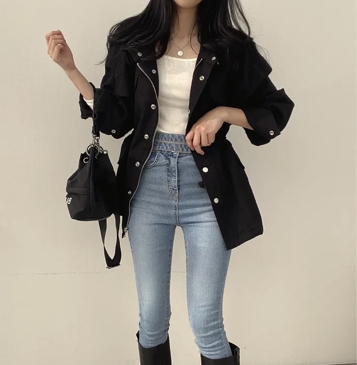 Abrigo mujer retro otoño cortavientos entallado con cordón_voghion.com