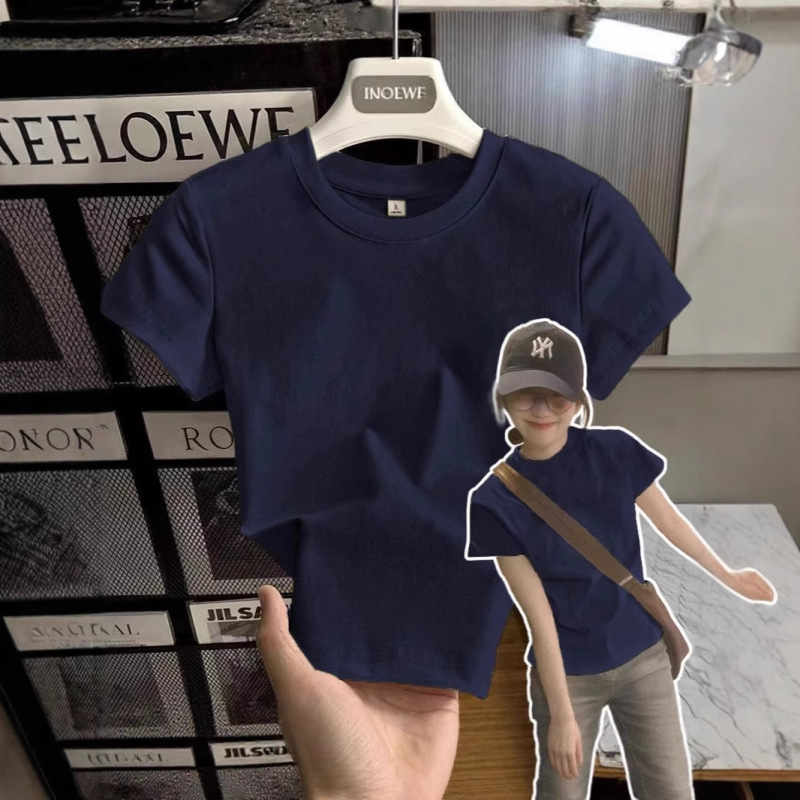 [Store Hot Sale] Summer Heavy Weightweight Pure Cotton Hong Kong Style Chic Right Shoulder Short-Sleeved T-Shirt Women's Spring and Summer Navy Blue Top