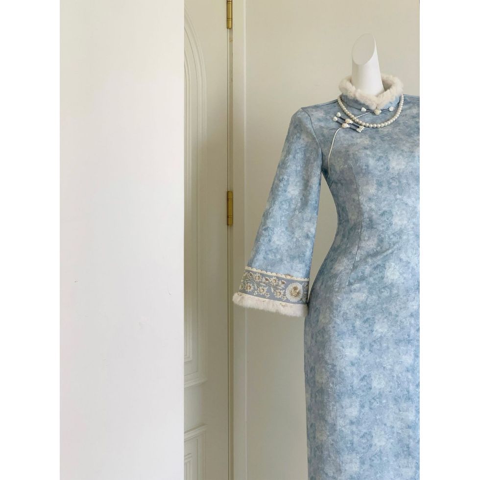 【浅蓝黛】新中式蓝色改良旗袍温柔气质加厚毛领国风连衣裙女秋冬