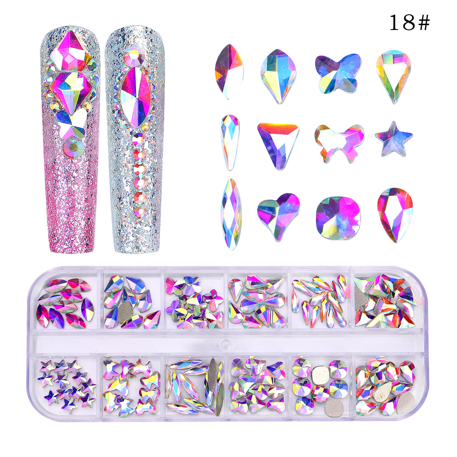 Transfronterizo nuevo taladro de uñas de 12 rejillas de forma especial diamante plano rhinestone AB joyería de uñas decoración de uñas de diamantes ventas directas de la fábrica