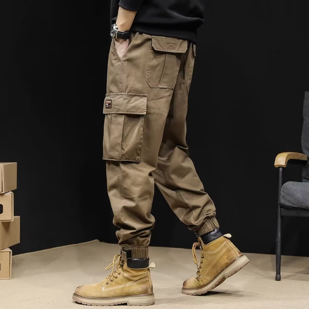Monos de cintura elástica con múltiples bolsillos, pantalones sueltos de talla grande resistentes al desgaste para hombres, pantalones de trabajo verde militar, pantalones con pies de sitio de construcción